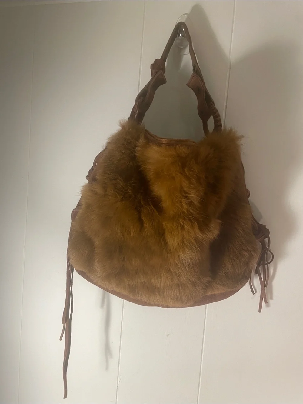 FEFA Suede Side  Fringe Rabbit Fur Hobo Bag in Chestnut Brown